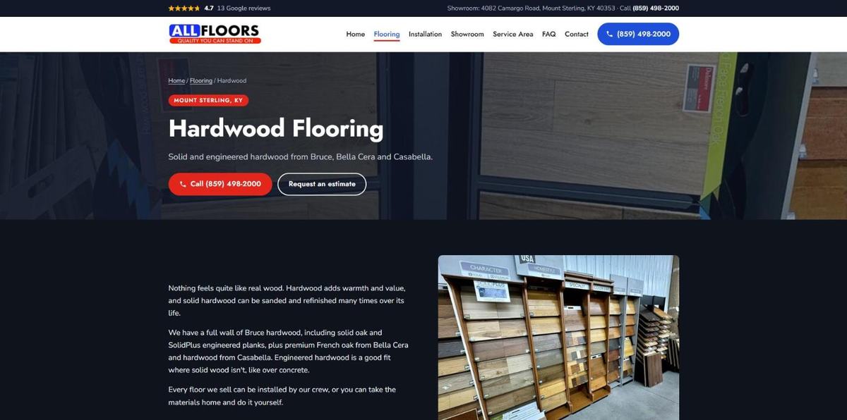 All Floors hardwood page after the HollerWeb rebuild