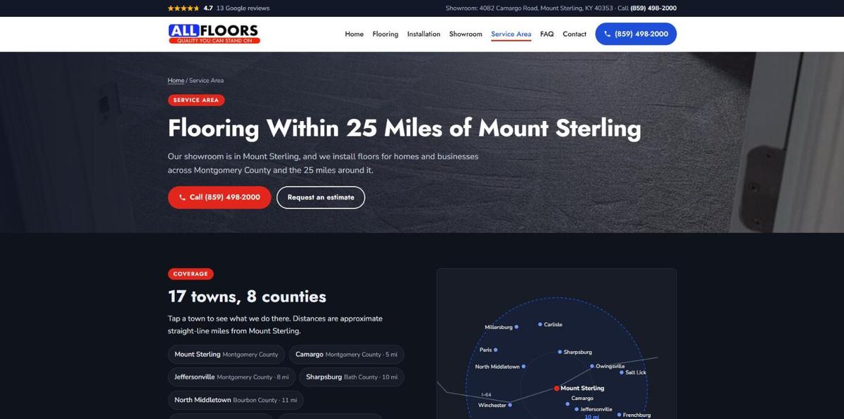 The new All Floors service area page showing 17 towns and a coverage map