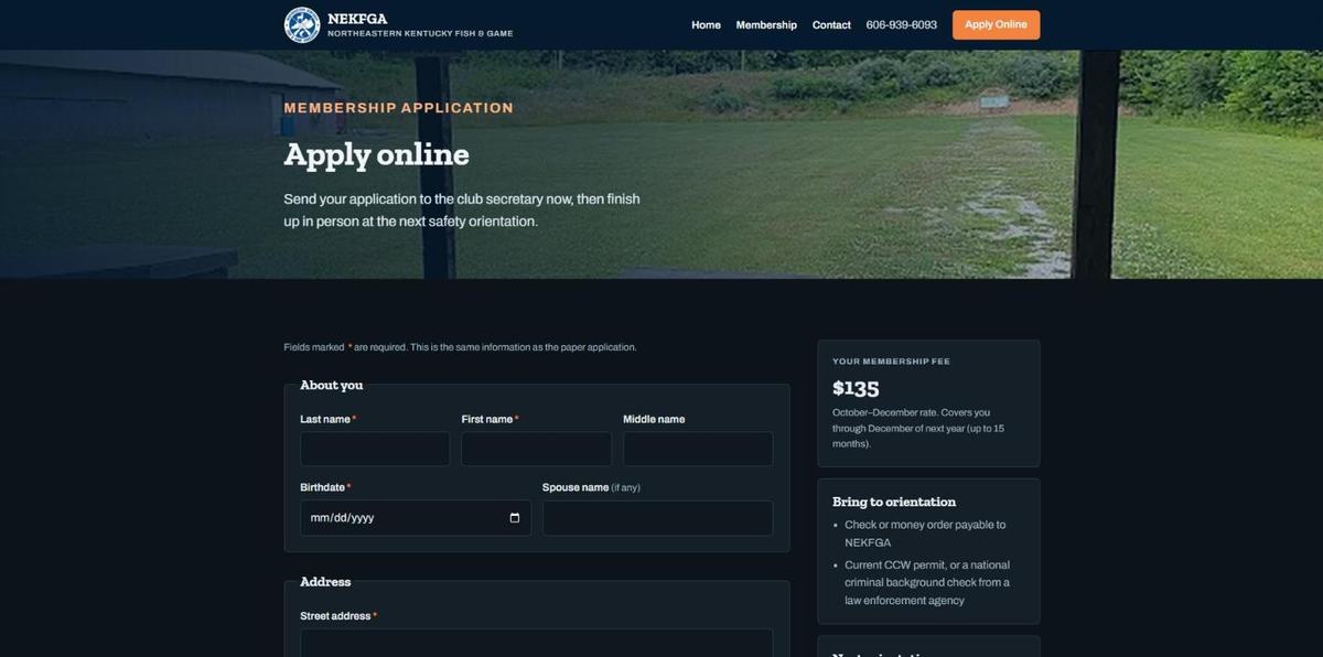 NEKFGA joining page after the HollerWeb rebuild