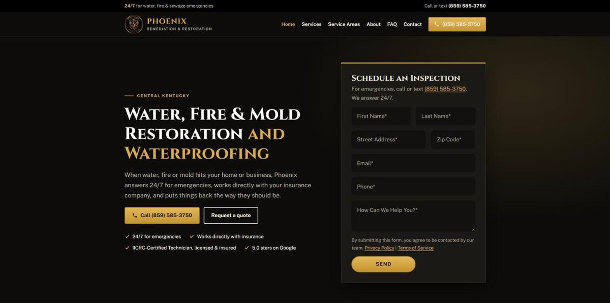 Phoenix Remediation & Restoration home page after the HollerWeb rebuild