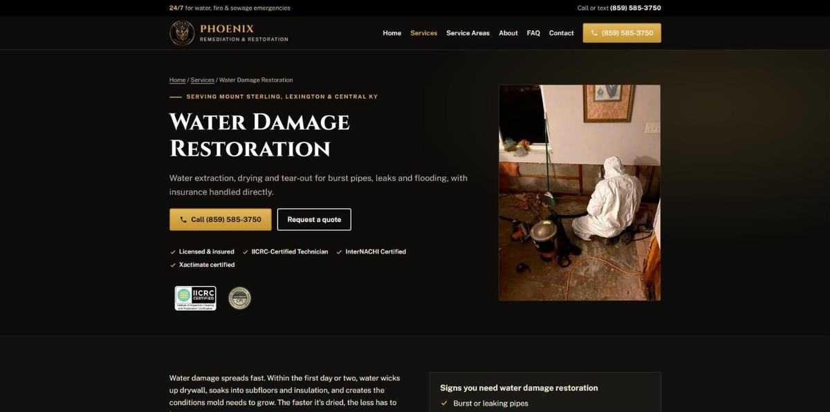 Phoenix Remediation & Restoration water damage page after the HollerWeb rebuild